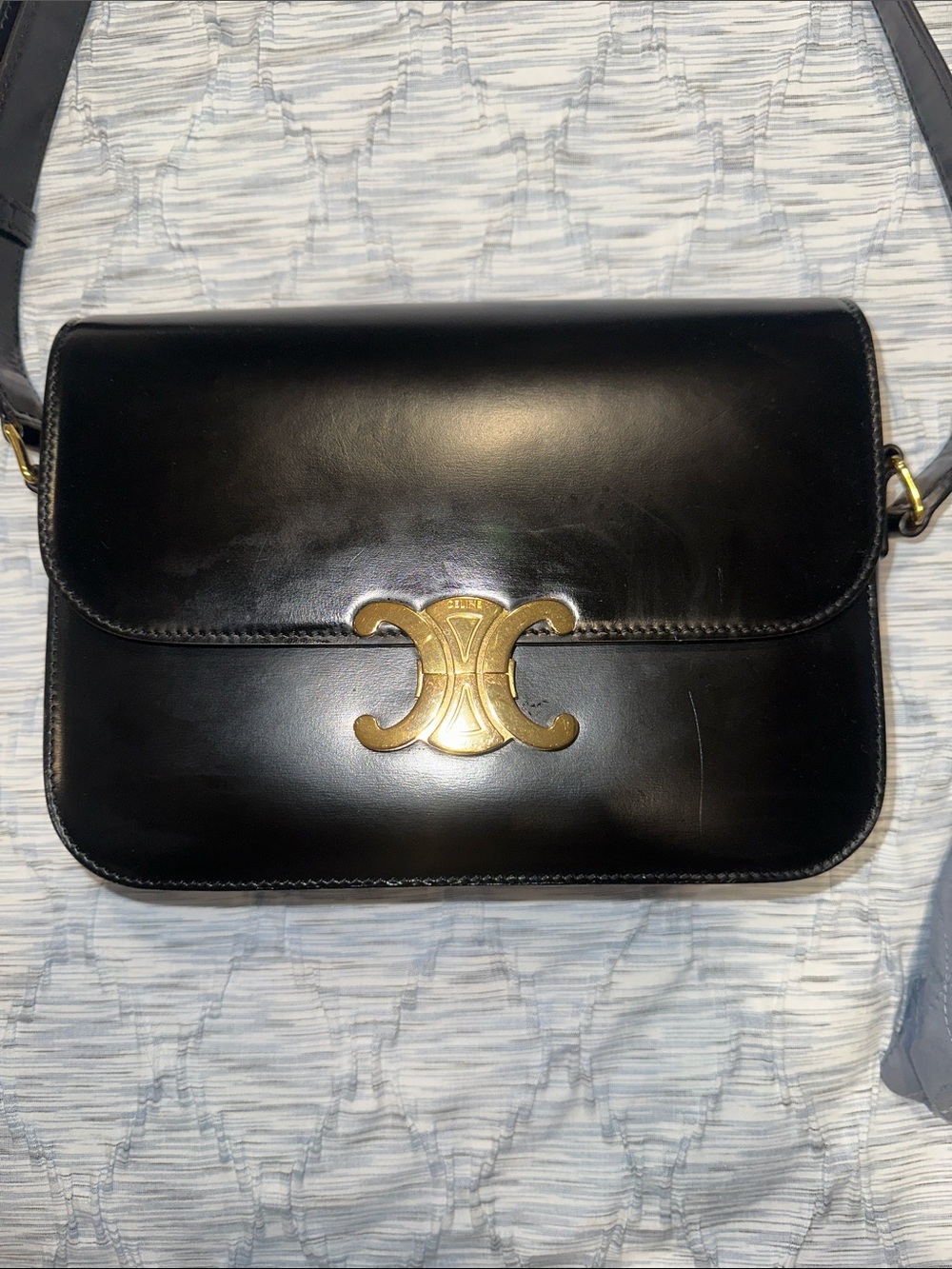 Celine Medium Black Leather Triomphe Crossbody with Gold Hardware